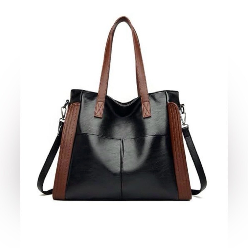 NEW Yaldomt Black/Brown Leather Bag Multi Pocket Zipper Closure